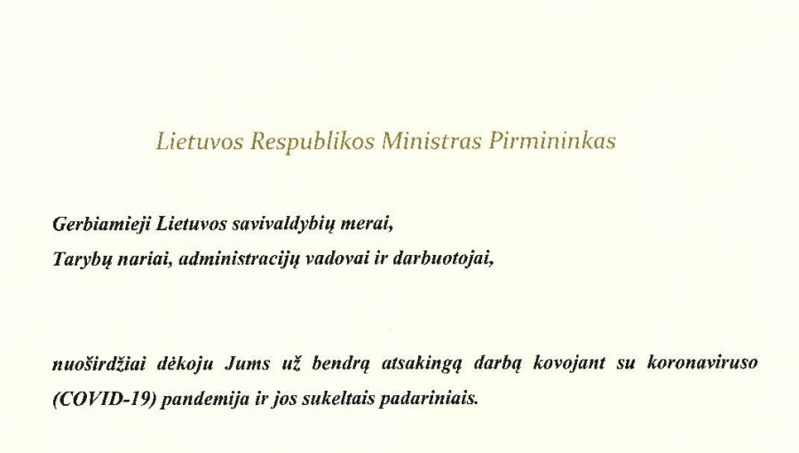Lietuvos Respublikos Ministro Pirmininko Sauliaus Skvernelio padėka
