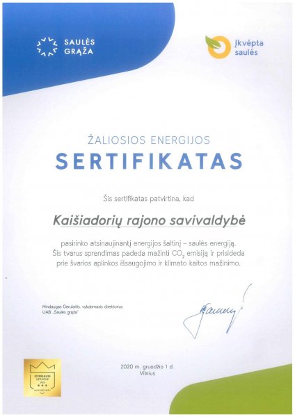 Kaišiadorių rajono savivaldybei skirtas žaliosios energijos sertifikatas