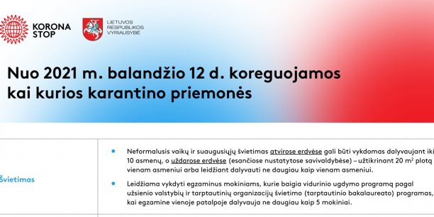 Nuo 2021 m. balandžio 12 d. koreguojamos kai kurios karantino priemonės