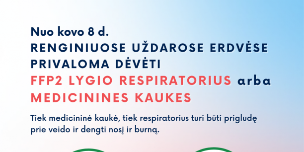 Renginiuose uždarose erdvėse galima dėvėti ne tik FFP2 lygio respiratorius, bet ir medicinines...