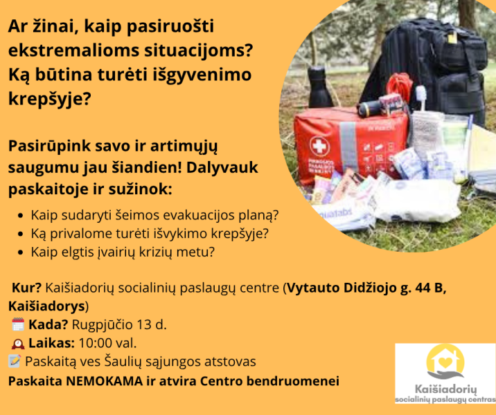 Paskaita bendruomenei: išgyvenimo krepšys ir pasiruošimas ekstremalioms situacijoms