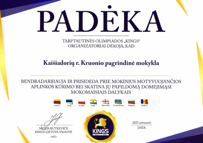 Kruonio pagrindinei mokyklai dėkoja Tarptautinės olimpiados KINGS organizatoriai