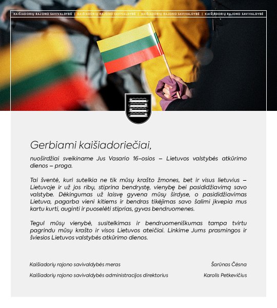 Kaišiadorių rajono savivaldybės mero ir administracijos direktoriaus sveikinimas