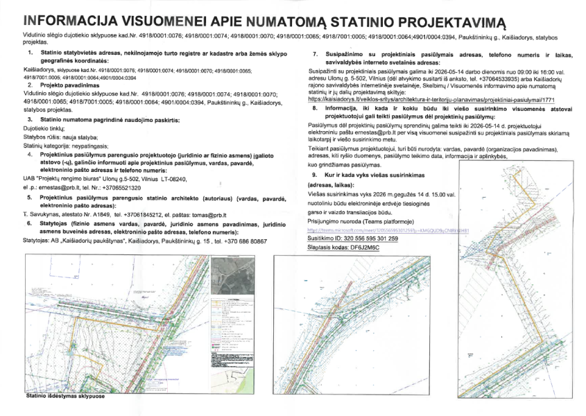 Informacija visuomenei apie numatomą statinio projektavimą