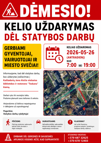 2026-05-26 bus uždarytas įvažiavimas į bibliotekos kiemą