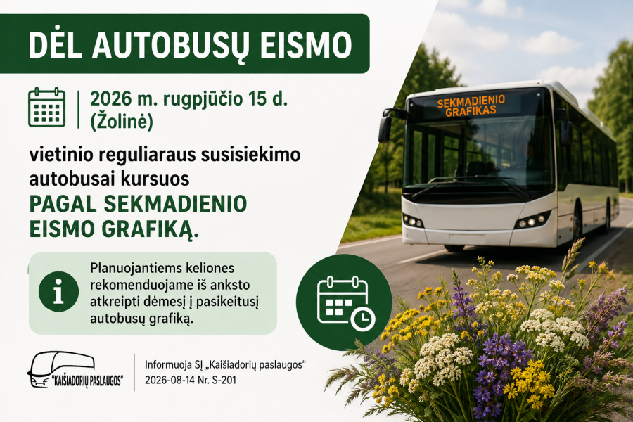 Žolinės dieną autobusai važiuos sekmadienio grafiku
