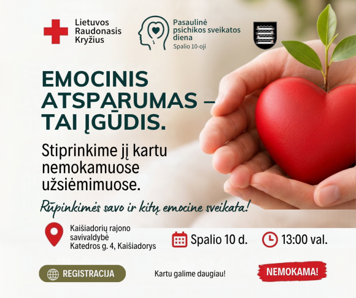 Pasaulinės psichikos sveikatos dienos proga Lietuvos Raudonasis Kryžius kviečia į nemokamus...